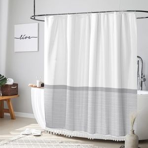 Shower Curtain White Modern Farmhoouse Shower Curtain with Tassels,Gray Striped